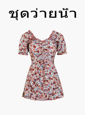 Naga swim泰式碎花连衣裙女泡泡袖方领收腰显瘦分体泡温泉泳装