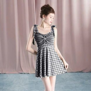 保守遮肚显瘦格子气质度假泳装 连体泳衣女韩版 高级感吊带复古裙式