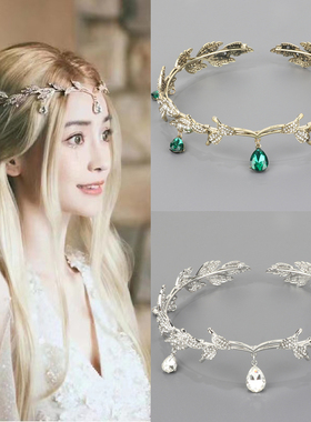 复古巴洛克女王皇冠头饰眉心吊坠树叶合金生日发饰新娘花环发箍