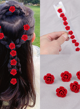 儿童编发红色花朵小发夹迷你公主汉服头饰中国风新年发饰豆豆夹