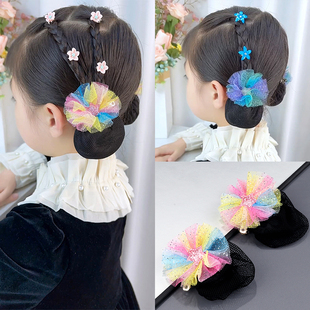 儿童跳舞星星网纱丸子头发网发兜女童公主编发花朵发扣夹套装头饰