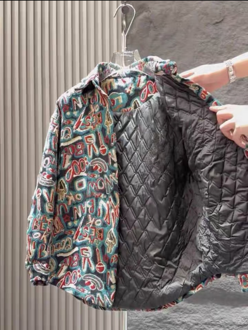 thumbnail for Autumn and winter yarn-dyed jacquard lapels small fragrance style cotton jacket men's fashion casual shirt cotton jacket tide of warm