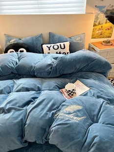 加厚牛奶绒四件套保暖双面珊瑚绒刺绣被套床笠床上床单三件套冬季