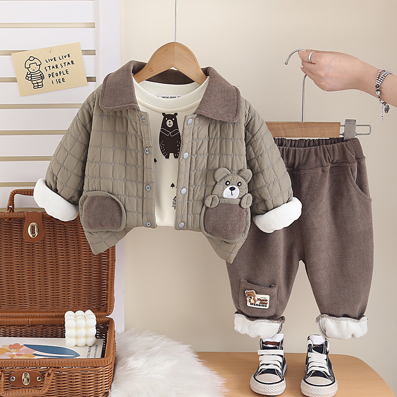 宝宝冬季加绒套装2025新款儿童洋气加厚冬装男童棉衣三件套外套潮