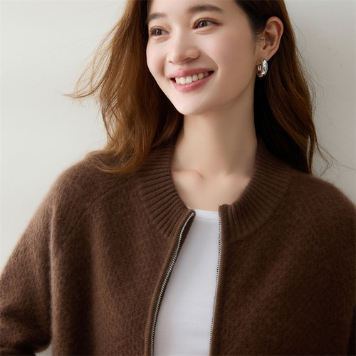100%山羊绒女秋冬保暖拉链开衫