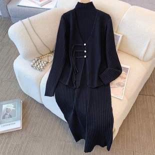 大码 开衫 女装 新中式 马甲针织连衣裙子两件套女 胖妈妈套装 秋冬新款
