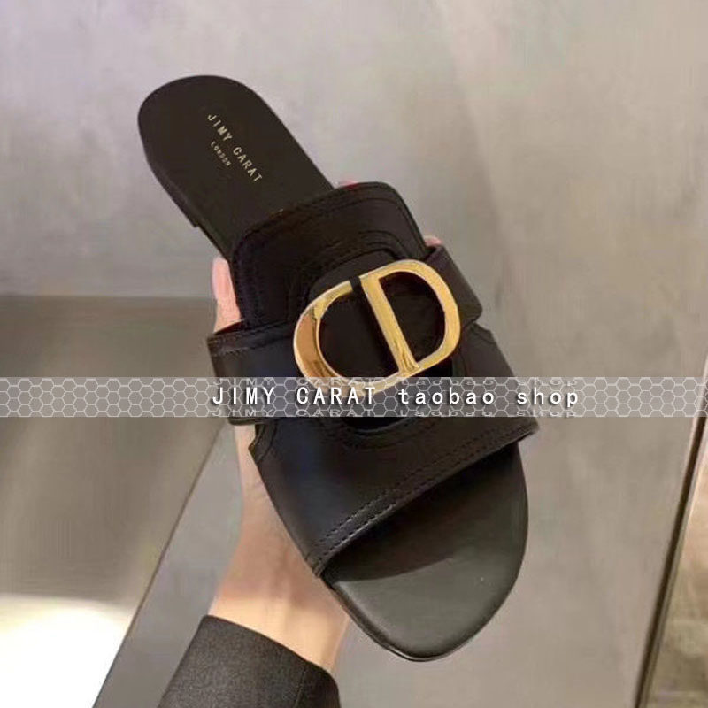 时尚2020夏季新款黑色一字带金属扣半拖鞋女外穿露趾平底凉拖潮,女鞋,一字拖,淘宝优惠券,粉丝福利购,淘宝优惠卷