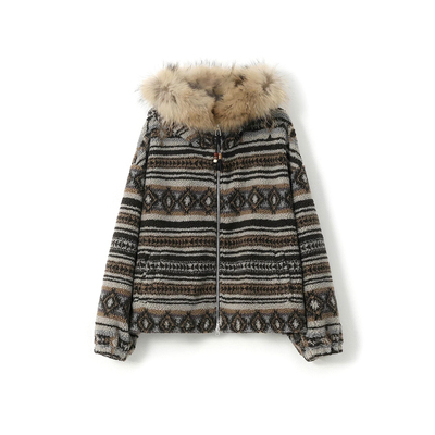 爱米修 复古慵懒风菲尔岛貉子毛领短款外套59551