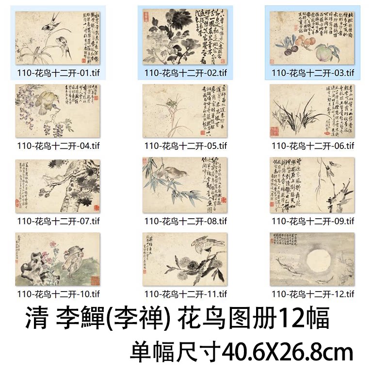清 李鱓(李禅)花鸟图册12张真迹画册微喷复制品临摹仿古画稿素材
