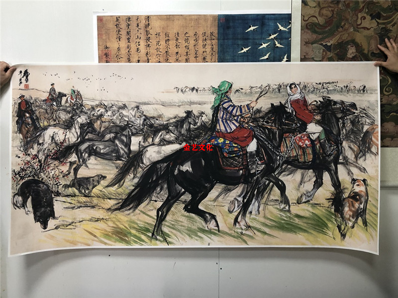 近代国画大师 黄胄-训马图 草原风情装饰画名家真迹微喷复制挂画