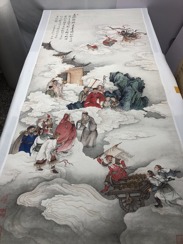夏荆山五路财神佛像唐卡菩萨国画名画复制品艺术微喷古代装饰画