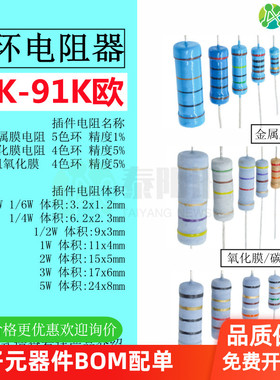10K-91K欧 插件色环金属膜碳膜氧化膜绕线电阻1/8/6/4/2W1W2W3W5W