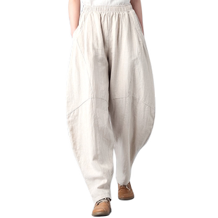 布琳达2023春秋女裤大裆灯笼裤女民族风长裤子宽松白色棉麻休闲裤