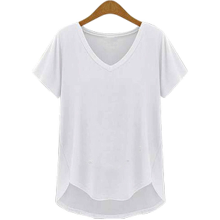 布琳达夏季白色v领短袖t恤女前短后长纯色上衣宽松大码体恤打底衫