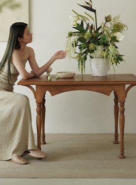 onlythis法式复古长方形实木餐桌家用玄关台茶桌原木猫耳桌书桌子