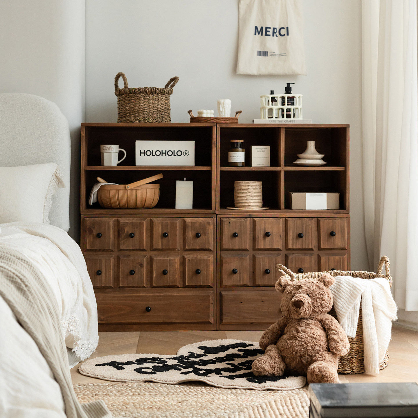 中古复古松木格子斗柜模块组合