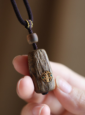 沉香木质嵌银吊坠大黑天五条经山鬼花钱高端男女项链五路财神礼物