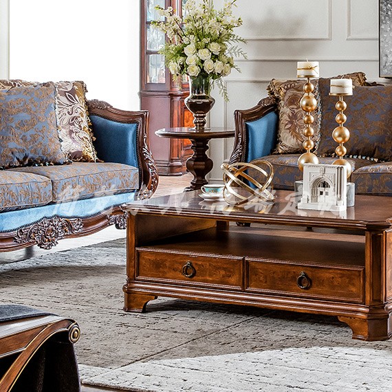 美式休闲乡村古典风全实木雕花茶水桌精致FINE经典长茶几带抽屉柜