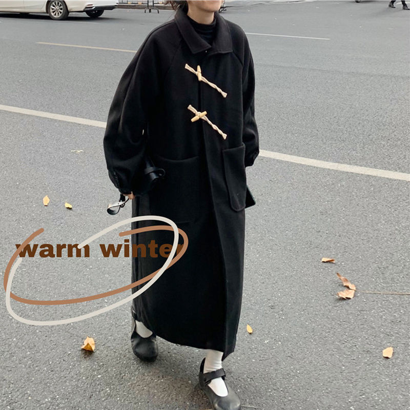 毛呢外套女秋冬百搭中长款韩版宽松牛角扣大衣2025新款潮
