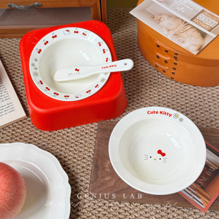 KT小猫宠物碗陶瓷防打翻罐头勺拌饭勺子湿粮猫咪食盆喝水碗增高架