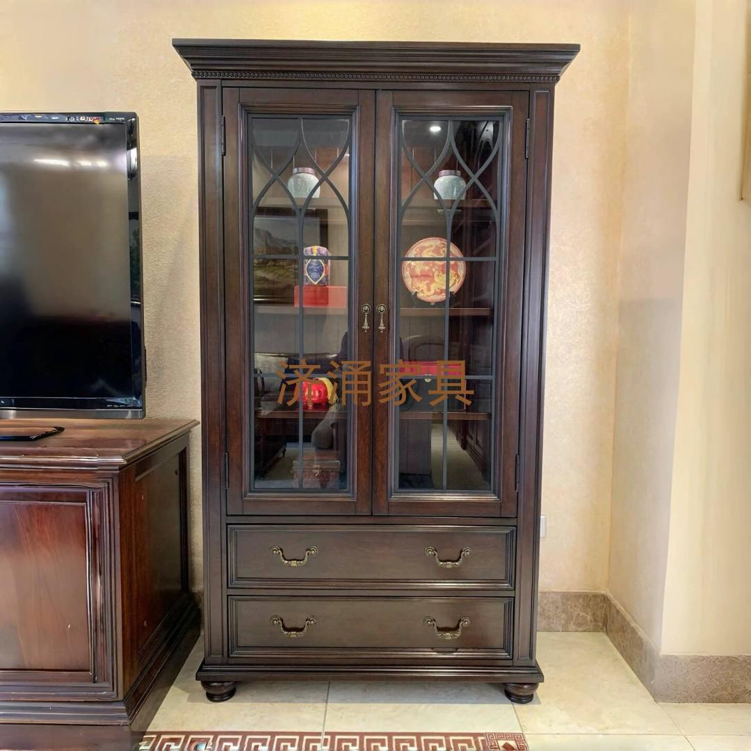 美式双门书柜实木家用书橱书架两门展示柜客厅带玻璃落地储物酒柜