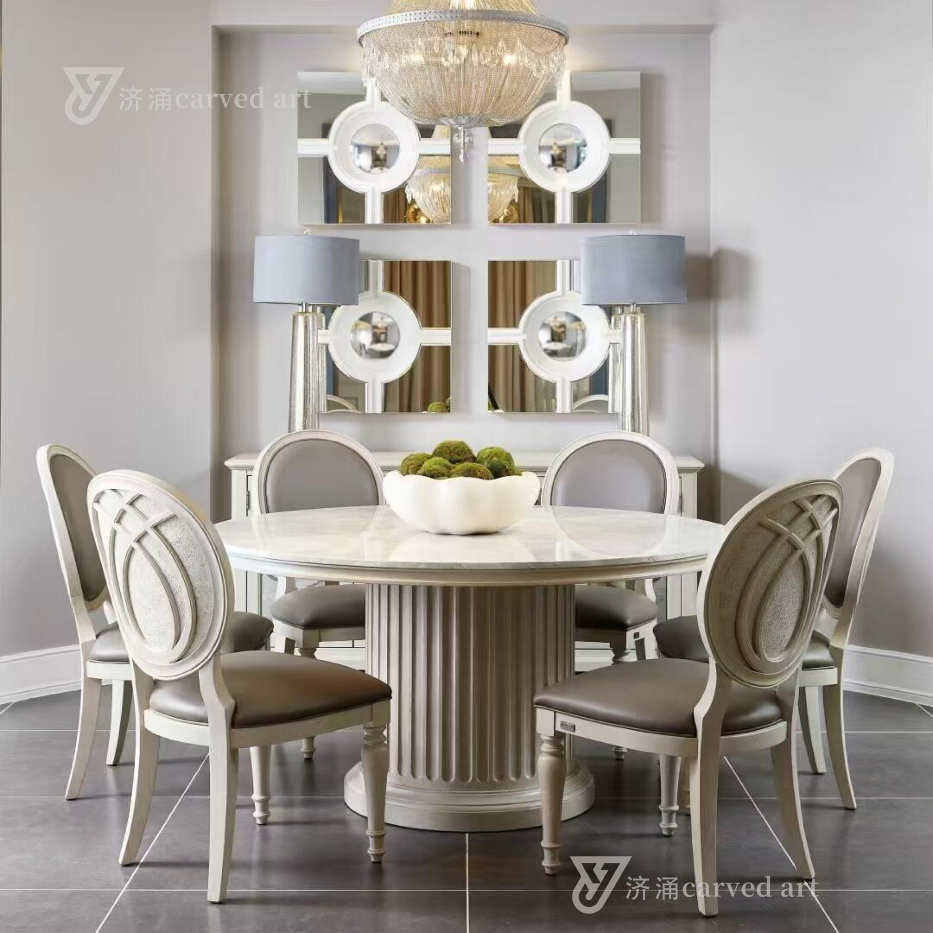 美式乡村餐桌简约现代圆餐桌法式实木大理石餐桌椅组合