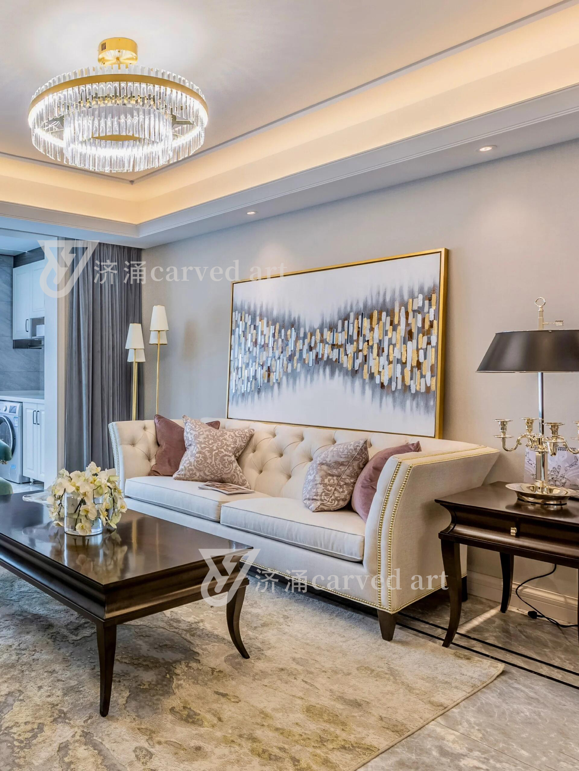 美式art家具谢尔顿轻奢布艺拉扣三人沙发现代客厅简约实木沙发