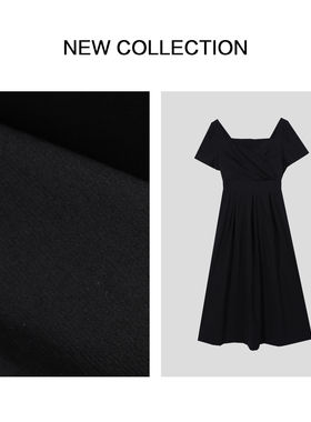 L5F36029A经典黑色方领短袖百褶长裙-6029