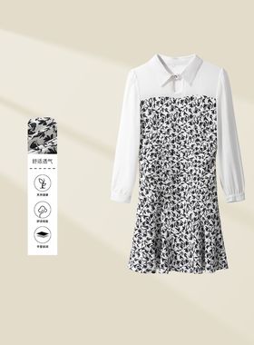 L331012XB秋季时尚优雅长袖黑色碎花气质连衣裙-1012