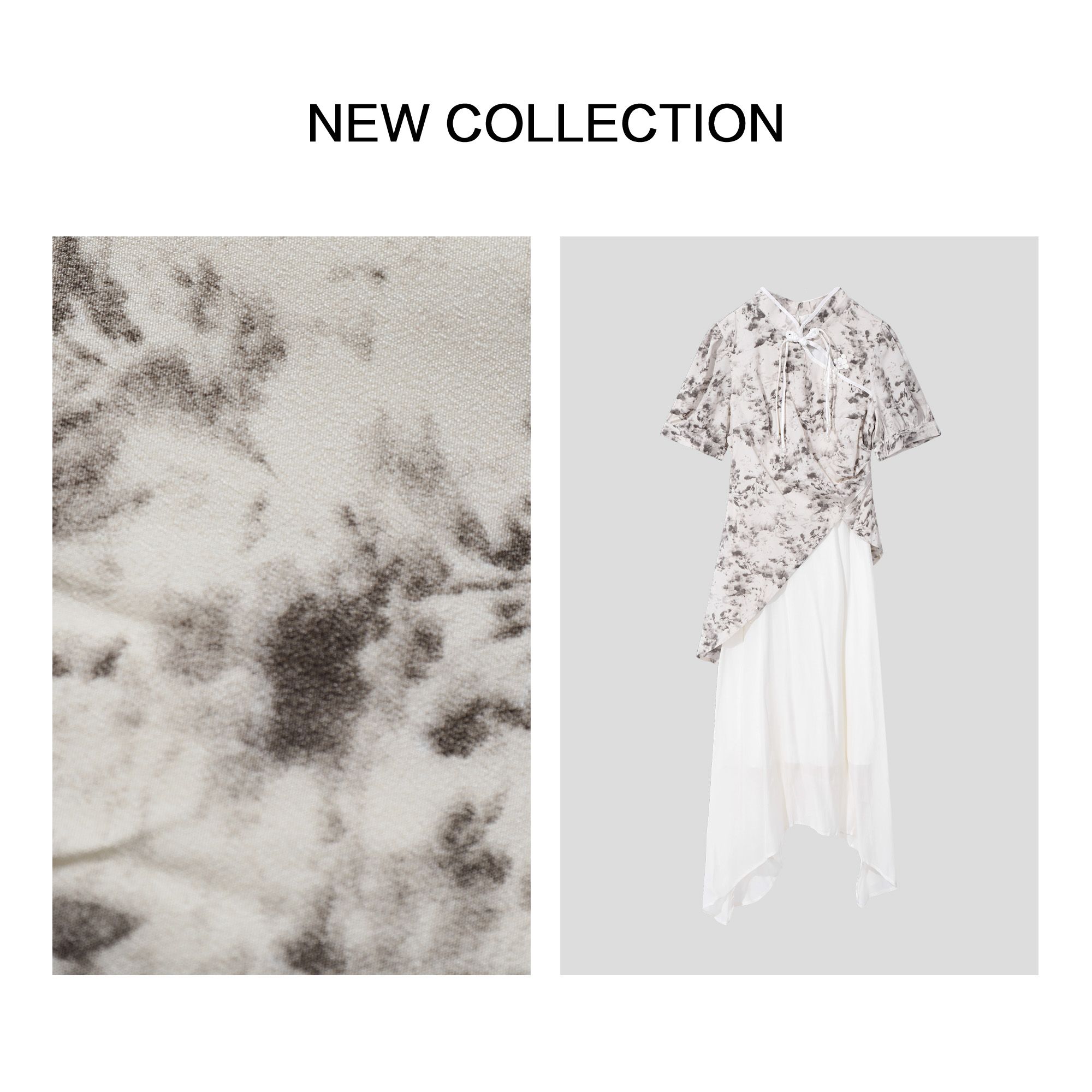 L1F27071 黑白渐变扎染立领不对称连衣裙