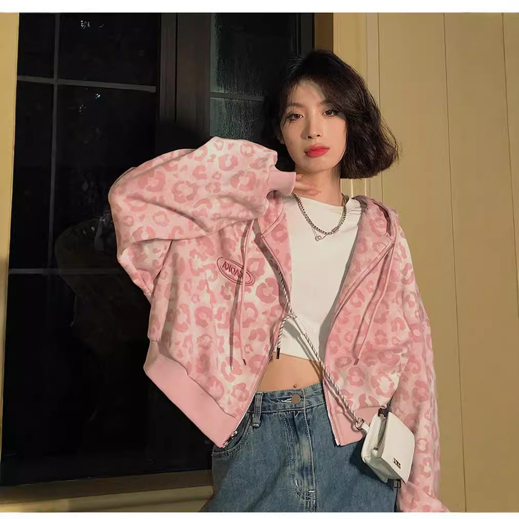 粉色豹纹短款开衫外套女春秋新款宽松港风复古连帽卫衣潮