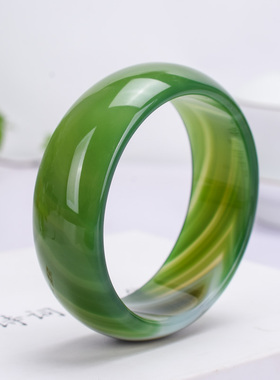 巴西天然草绿色缠丝玛瑙玉髓手镯轮胎版加宽加厚复古百搭款赠证书