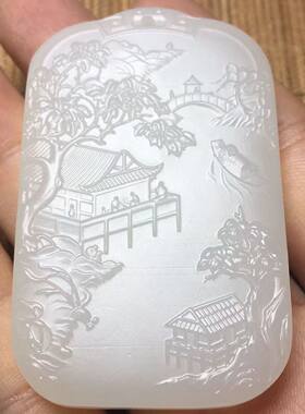 阿富汗双面苏工精雕山水玉牌