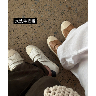 水洗牛皮！三重魔术贴休闲小白鞋女复古擦色做旧脏脏鞋内增高板鞋