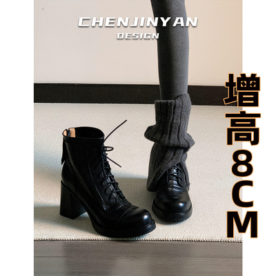 牛皮版！复古圆头系带高跟短靴女