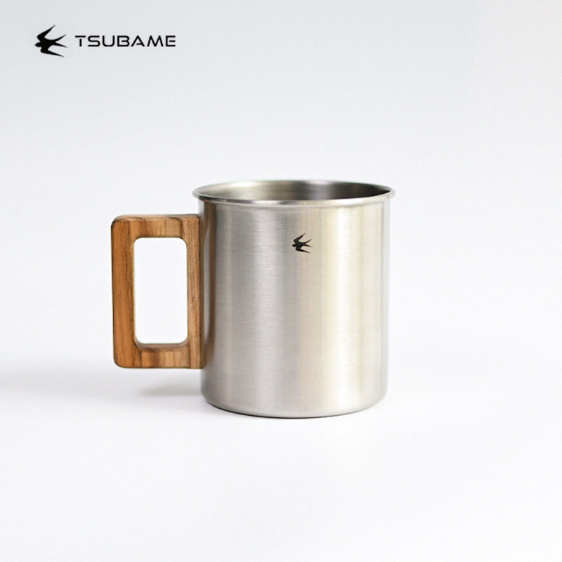 日本燕印TSUBAME马克杯柚木手柄不锈钢水杯咖啡杯户外露营杯