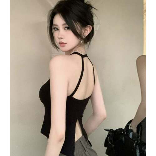 辣妹挂脖吊带背心女夏露背开叉美背设计感小众带胸垫外穿上衣