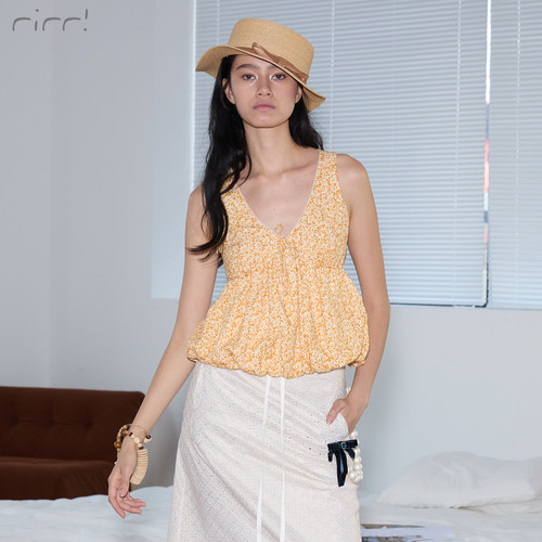 rirri 春夏新品全棉肌理感碎花泡泡花边度假上衣
