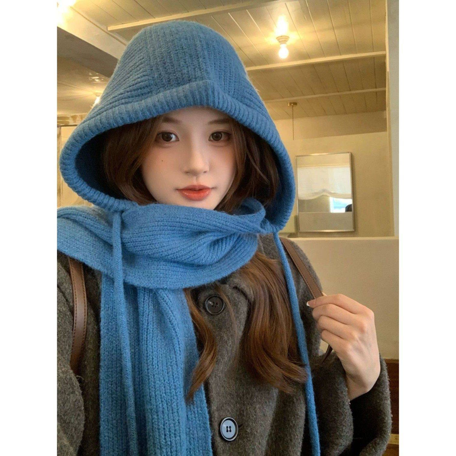 红色巴拉克拉法帽女秋冬季保暖羊毛帽子围巾一体连帽围脖针织帽冬