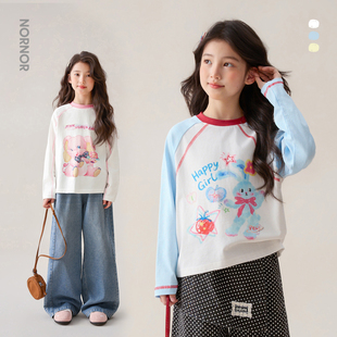 好看纯棉儿童可爱圆领上衣女孩 t恤春季 NORNOR陈大猪女童新款 长袖