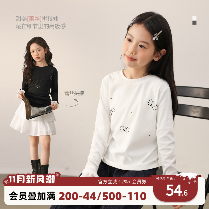 NORNOR陈大猪童装女童长袖t恤秋季新款洋气蕾丝袖上衣儿童打底衫