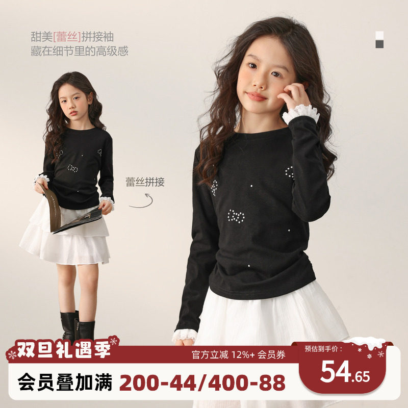 NORNOR陈大猪童装女童长袖t恤秋冬新款黑色蕾丝边上衣儿童打底衫