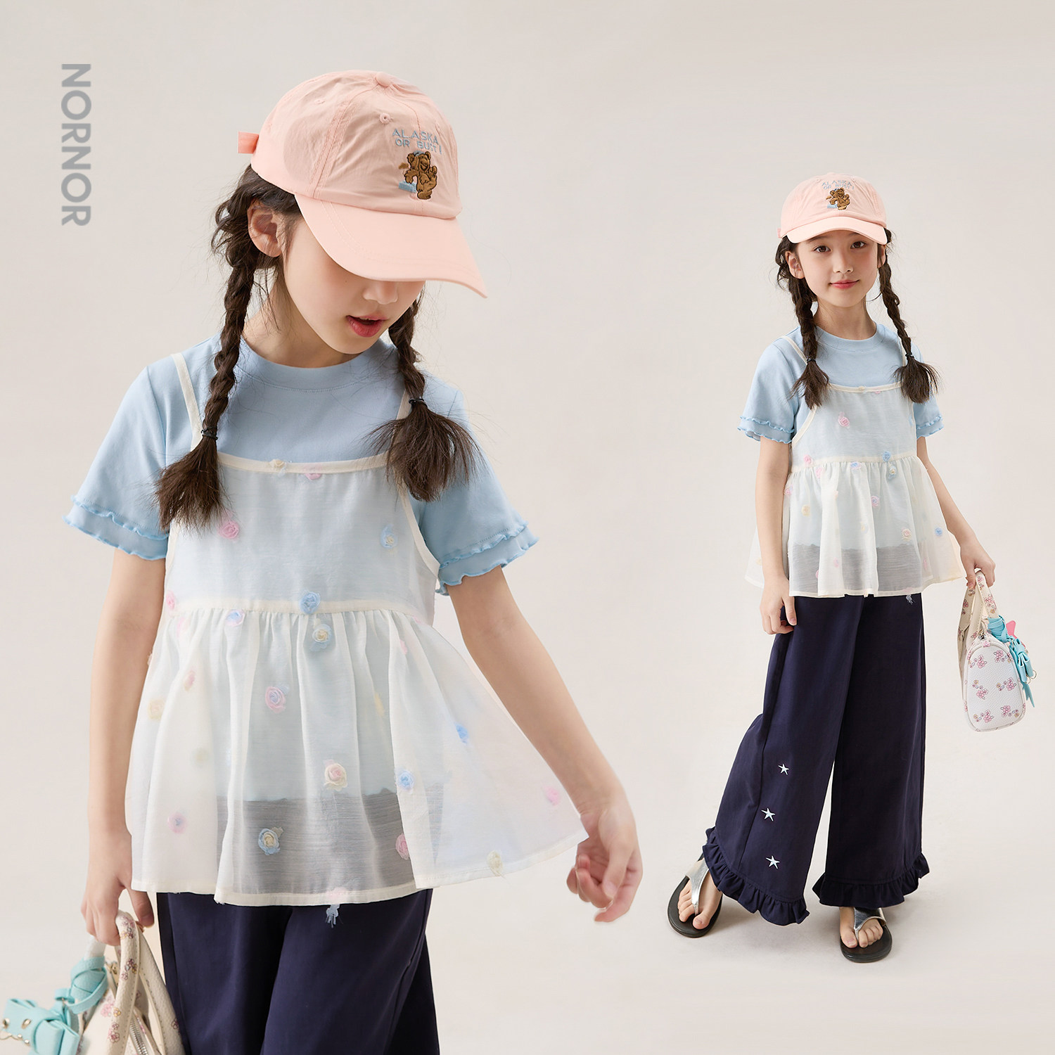 NORNOR女童短袖t恤吊带网纱上衣图片