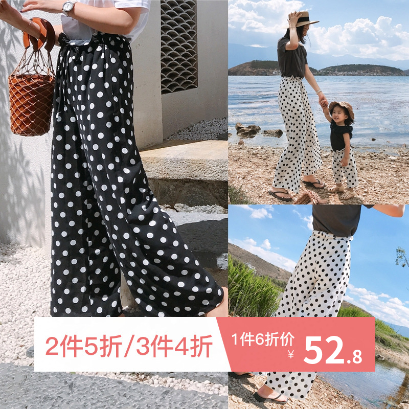 LUSON媽 母女裝夏裝2018新款潮女寶寶波點闊腿褲親子裝休閑長褲