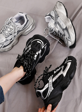 ins网红老爹鞋男女情侣国潮2025春秋休闲百搭增高厚底黑色运动鞋