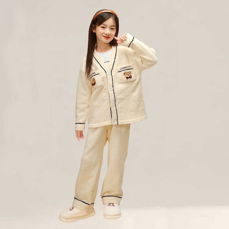 女童秋冬家居服半边绒保暖儿童睡衣小女孩冬季居家珊瑚绒开衫套装