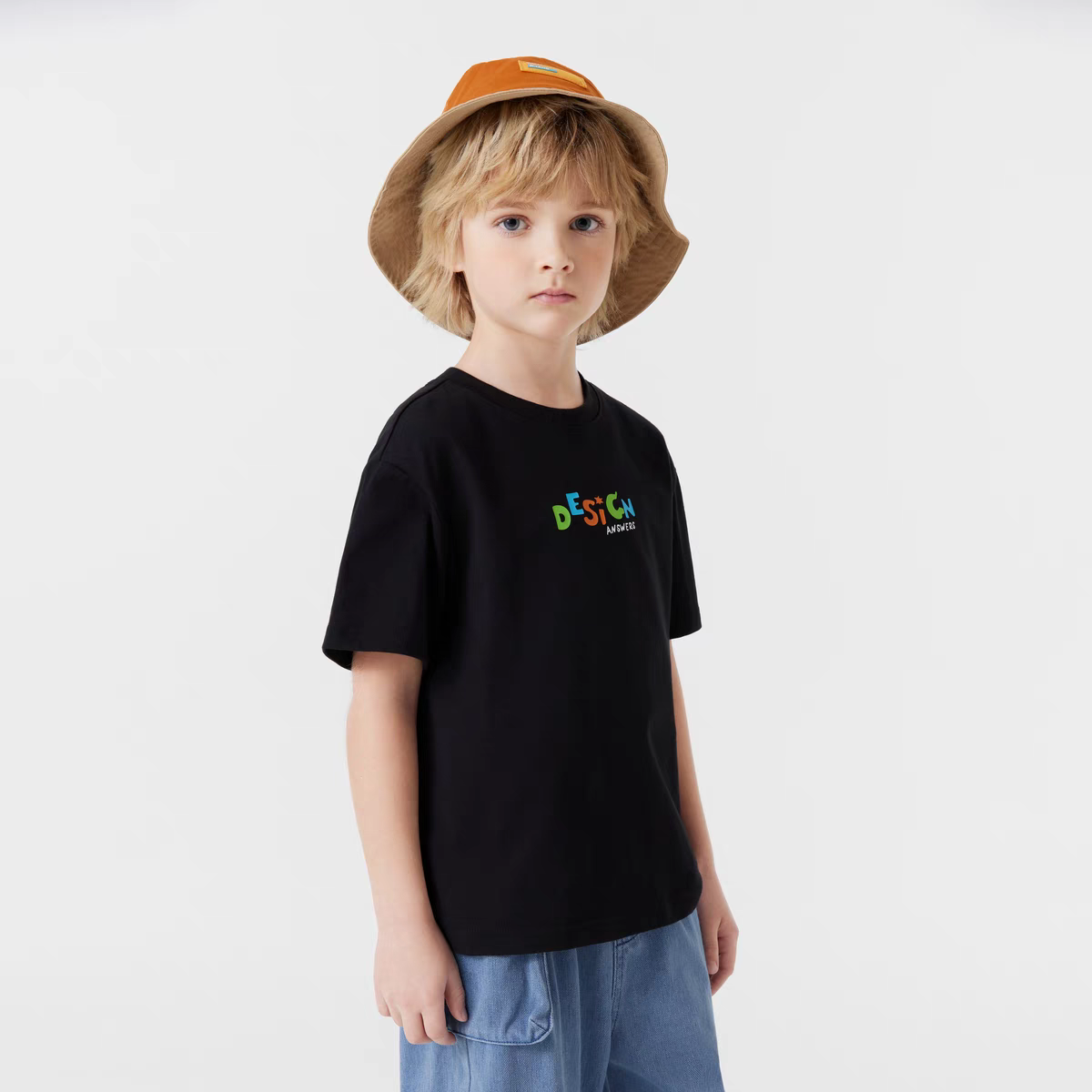 kids童装男童纯棉黑色短袖T恤2025夏装新款儿童撞色宽松印花体恤