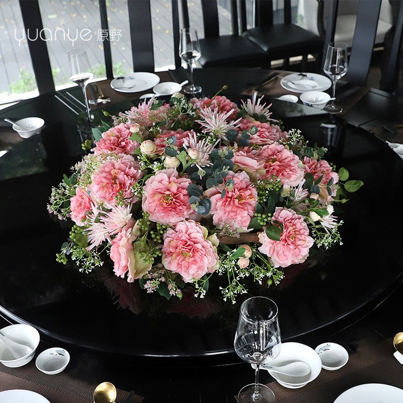 圆桌转盘酒店餐桌花仿真花圆形摆花餐厅桌面中间假花别墅高档装饰