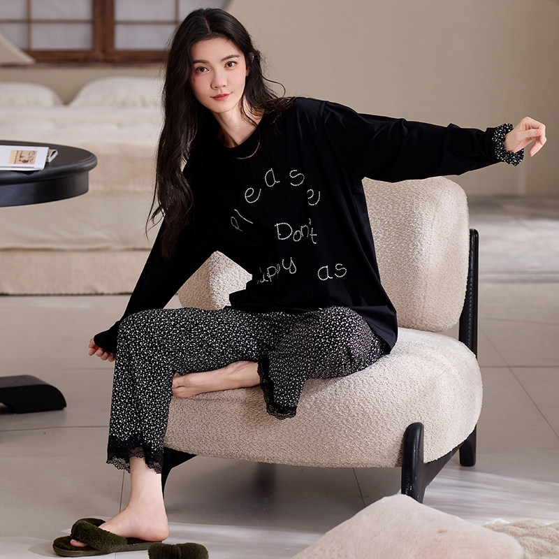 高档时尚睡衣女款春秋纯棉长袖长裤可外穿套头休闲家居服套装新款