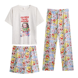 纯棉睡衣女款夏季短袖短裤夏季新款卡通时尚长裤家居服套装三件套